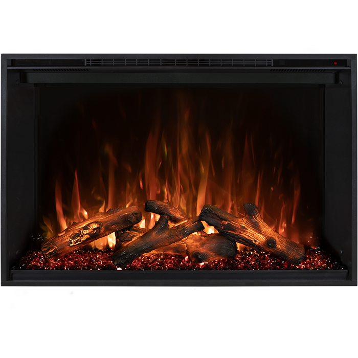 A fireplace with glowing logs and flames or wood-burning fire.
