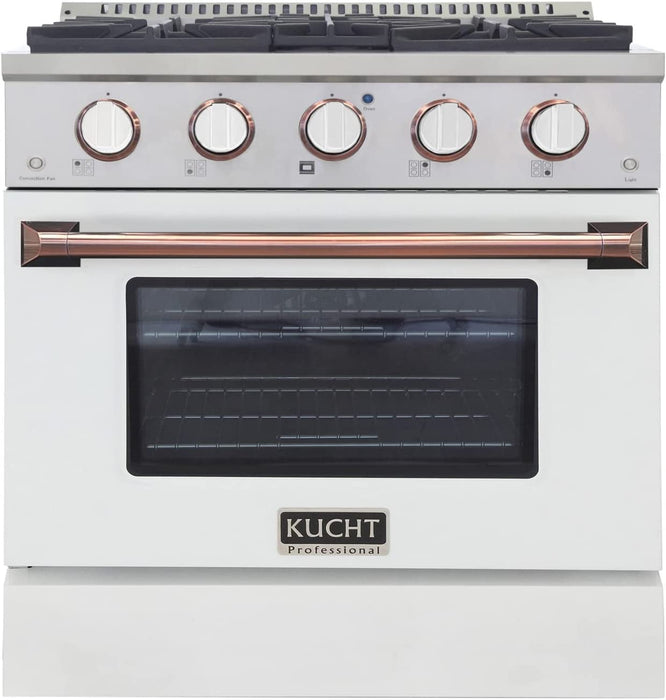 Kucht Signature 30-Inch Gas Range in White with White Knobs & Rose Gold Handle (KNG301-W-ROSE)