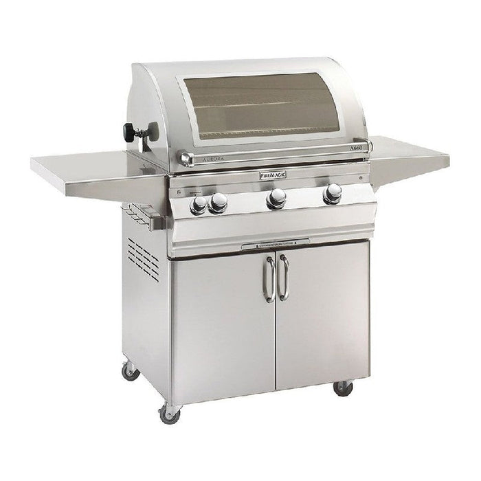 Fire Magic Grills Aurora 62 1/4 Inch Free-Standing Grill with Single Side Burner, Rotisserie, Analog Thermometer and View Window, Natural Gas / Propane Gas Cast Stainless Steel "E"- A660S-8EAN-62-W/ A660S-8EAP-62-W