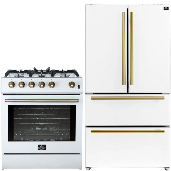 FORNO Espresso Package - 30" Gas Range and 36" Refrigerator with Ice Maker in White with Antique Brass Accents