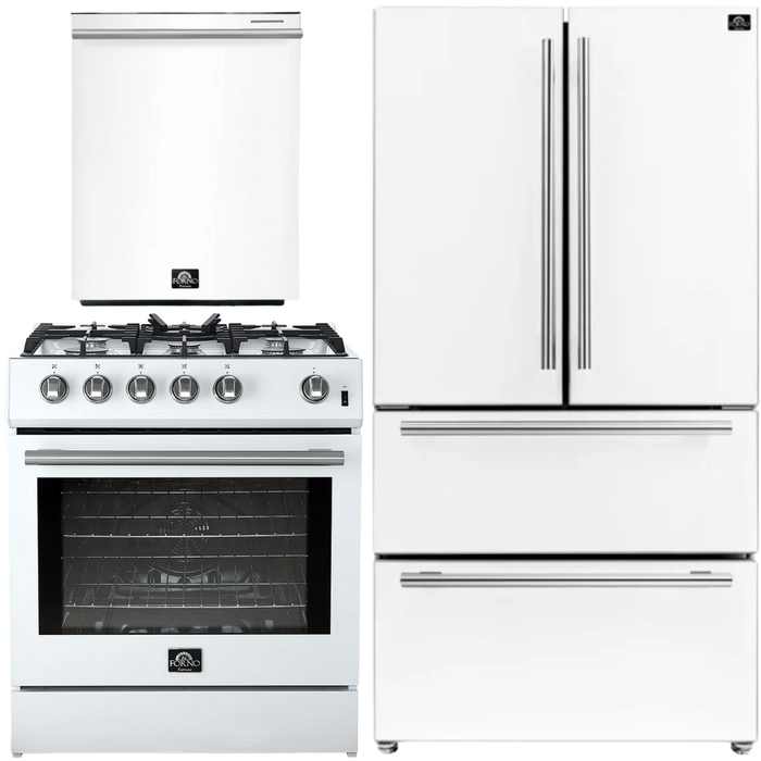 FORNO Espresso Package - 30" Gas Range, 36" Refrigerator with Ice Maker and Dishwasher in White with Silver Accents