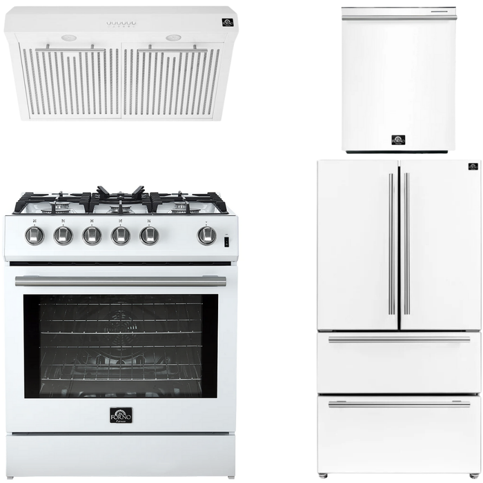 FORNO Espresso Package - 30" Gas Range, Range Hood, 36" Refrigerator with Ice Maker and Dishwasher in White with Silver Accents