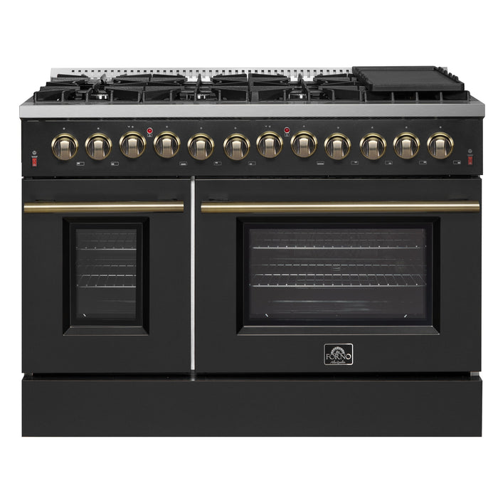 FORNO Galiano 48" 6.58 cu. ft. Dual Fuel Range with 8 Sealed Burners and Griddle in Black with Antique Brass Accents, FFSGS6156-48BLK