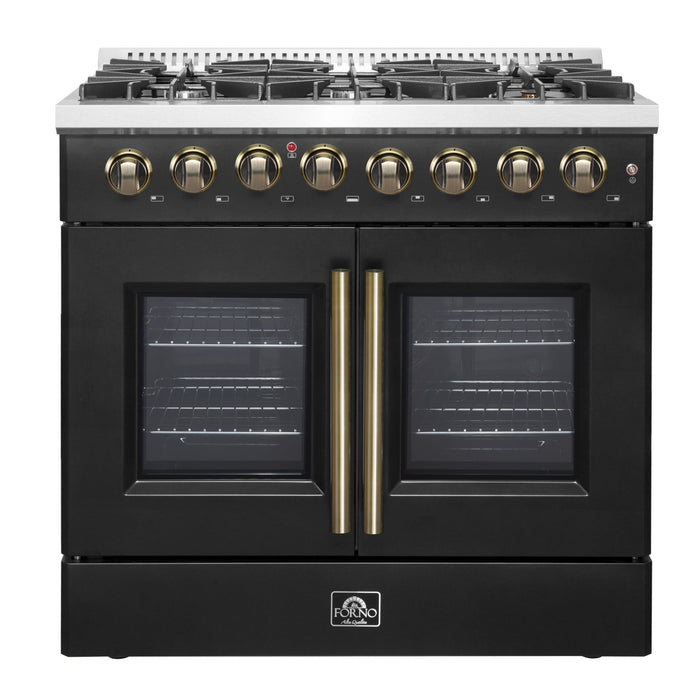 FORNO Galiano 36" 5.36 cu. ft. French Door Dual Fuel Range with 6 Sealed Burners in Black with Antique Brass Accents, FFSGS6356-36BLK