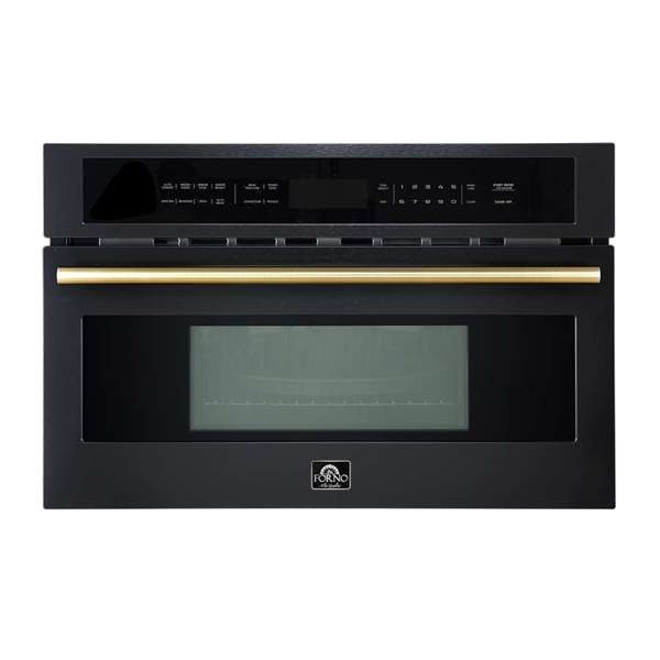 FORNO Espresso Oliena 30" 1.6 cu. ft. Built-In Microwave Oven in Black with Antique Brass Handles, FMWDR3093-30BLK