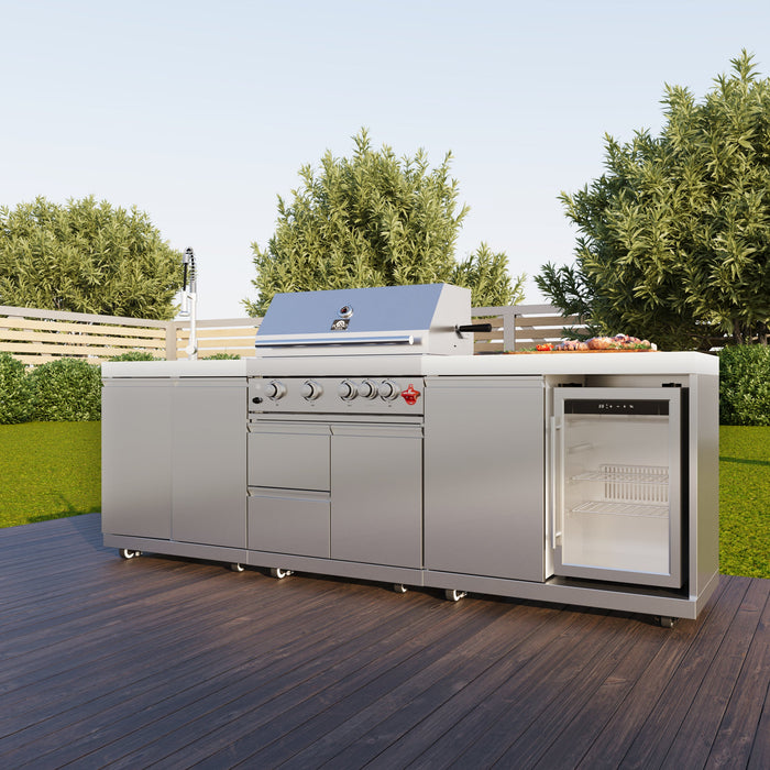FORNO Bulnes Outdoor Kitchen - 30" BBQ, 60,000 BTU, 3 Burners with Sear & Rotisserie Infrared Burners, Stainless Steel Outdoor Kitchen with 1.8 cu.ft. Beverage Center and White Sintered Stone Countertops