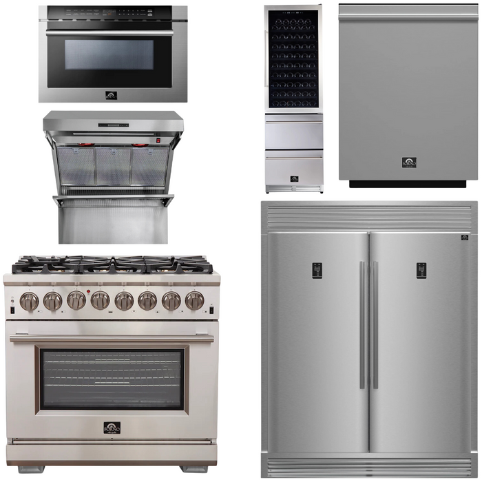 FORNO Package - 36" Dual Fuel Range, Range Hood, Refrigerator, Microwave, Dishwasher, Wine Cooler, AP-FFSGS6187-36-9