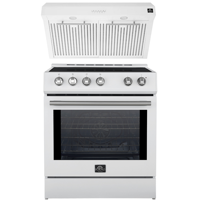 FORNO Espresso Package - 30" Induction Range and Under Cabinet Range Hood in White with Silver Accents