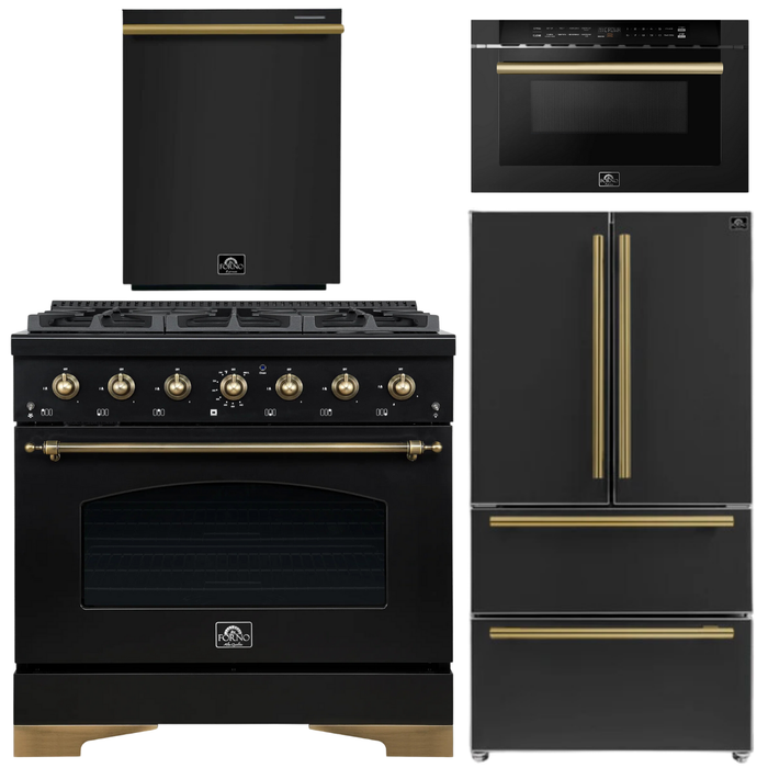 FORNO Antico Package - 36" Dual Fuel Range, 36" Refrigerator with Ice Maker, Dishwasher and 24" Microwave Drawer in Black with Antique Brass Accents