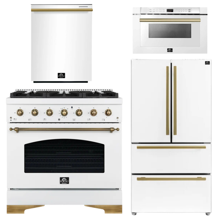 FORNO Antico Package - 36" Dual Fuel Range, 36" Refrigerator with Ice Maker, Dishwasher and 24" Microwave Drawer in White with Antique Brass Accents