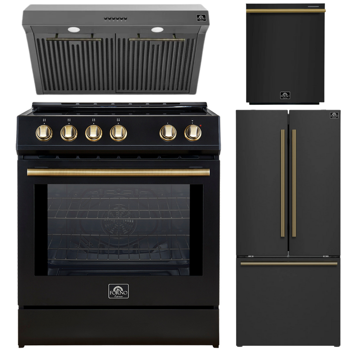 FORNO Espresso Package - 30" Induction Range, Range Hood, 30" Refrigerator with Ice Maker and Dishwasher in Black with Antique Brass Accents