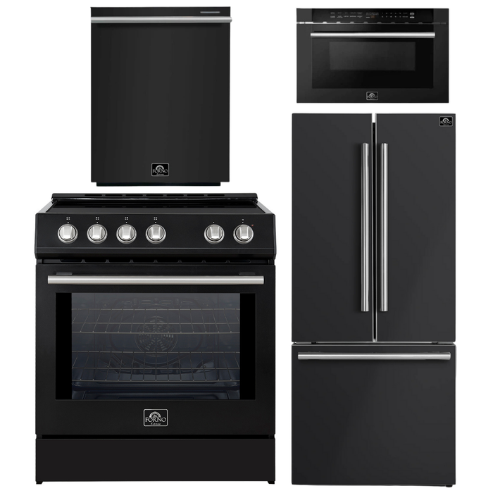 FORNO Espresso Package - 30" Induction Range, 30" Refrigerator with Ice Maker, Dishwasher and 24" Microwave Drawer in Black with Silver Accents