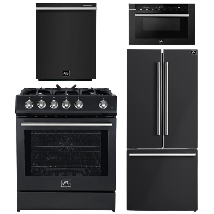 FORNO Espresso Package - 30" Gas Range, 30" Refrigerator with Ice Maker, Dishwasher and 24" Microwave Drawer in Black with Silver Accents