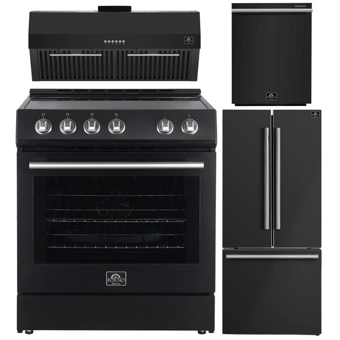 FORNO Espresso Package - 30" Electric Range, Range Hood, 30" Refrigerator with Ice Maker and Dishwasher in Black with Silver Accents