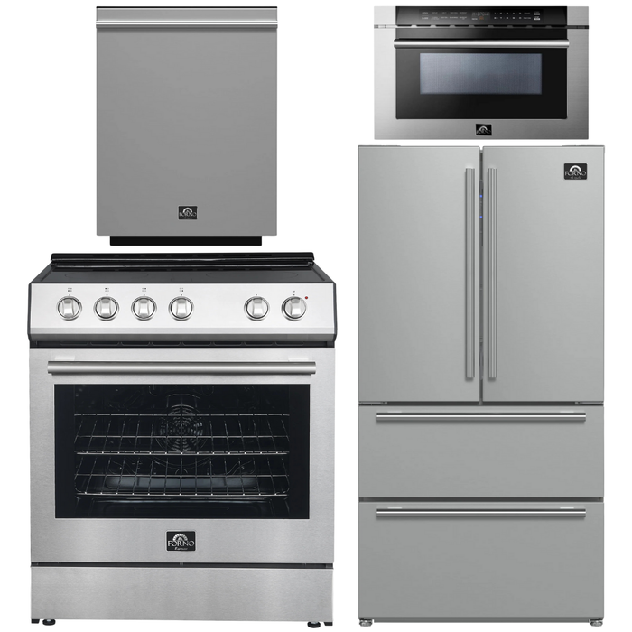 FORNO Espresso Package - 30" Electric Range, 36" Refrigerator with Ice Maker, Dishwasher and 24" Microwave Drawer in Stainless Steel