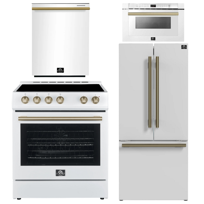 FORNO Espresso Package - 30" Electric Range, 30" Refrigerator with Ice Maker, Dishwasher and 24" Microwave Drawer in White with Antique Brass Accents