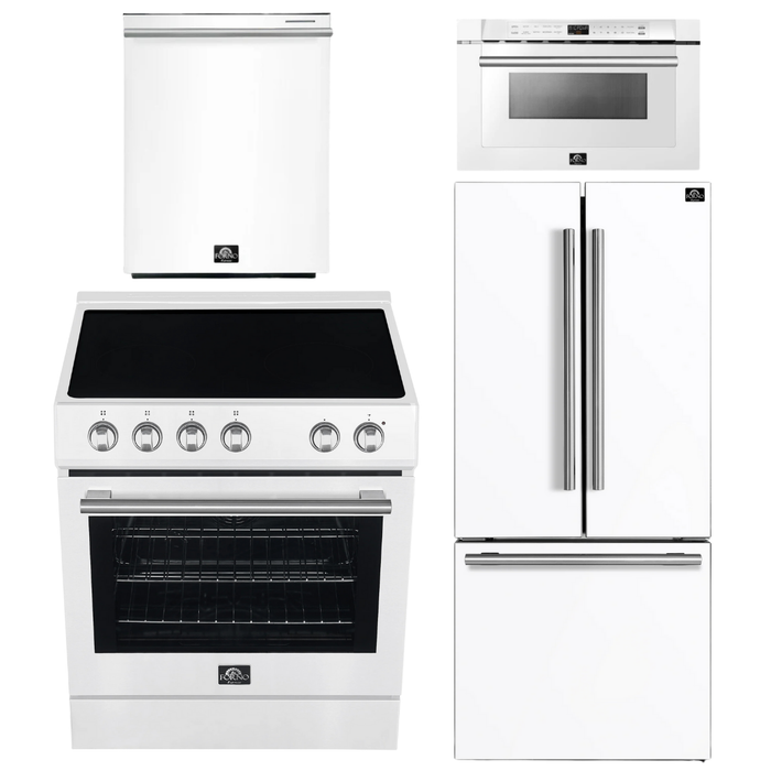 FORNO Espresso Package - 30" Electric Range, 30" Refrigerator with Ice Maker, Dishwasher and 24" Microwave Drawer in White with Silver Accents