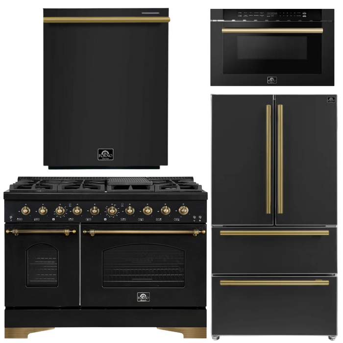 FORNO Antico Package - 48" Dual Fuel Range, 36" Refrigerator with Ice Maker, Dishwasher and 24" Microwave Drawer in Black with Antique Brass Accents