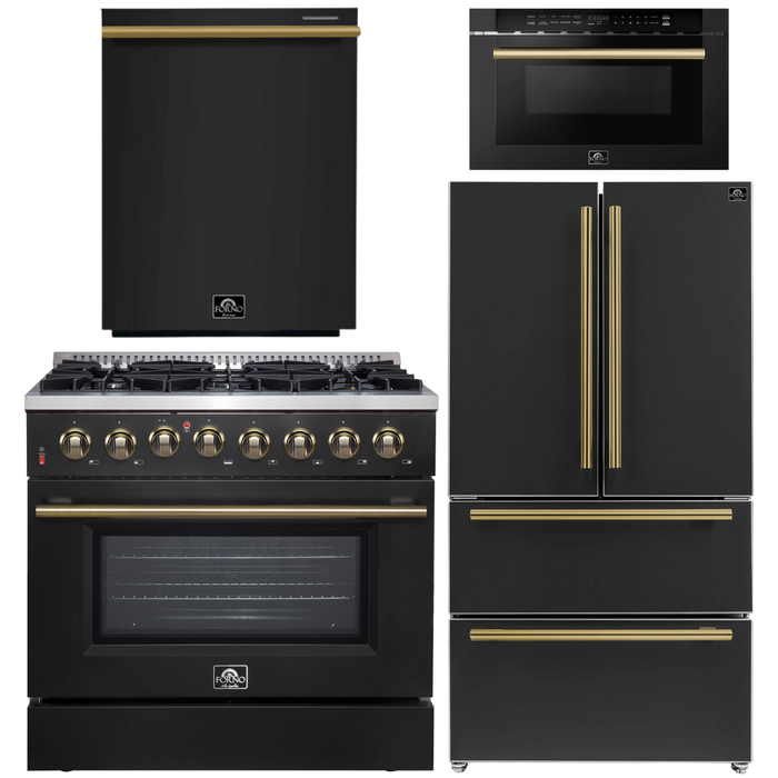 FORNO Galiano Package - 36" Dual Fuel Range, 36" Refrigerator with Ice Maker, Dishwasher and 24" Microwave Drawer in Black with Antique Brass Accents