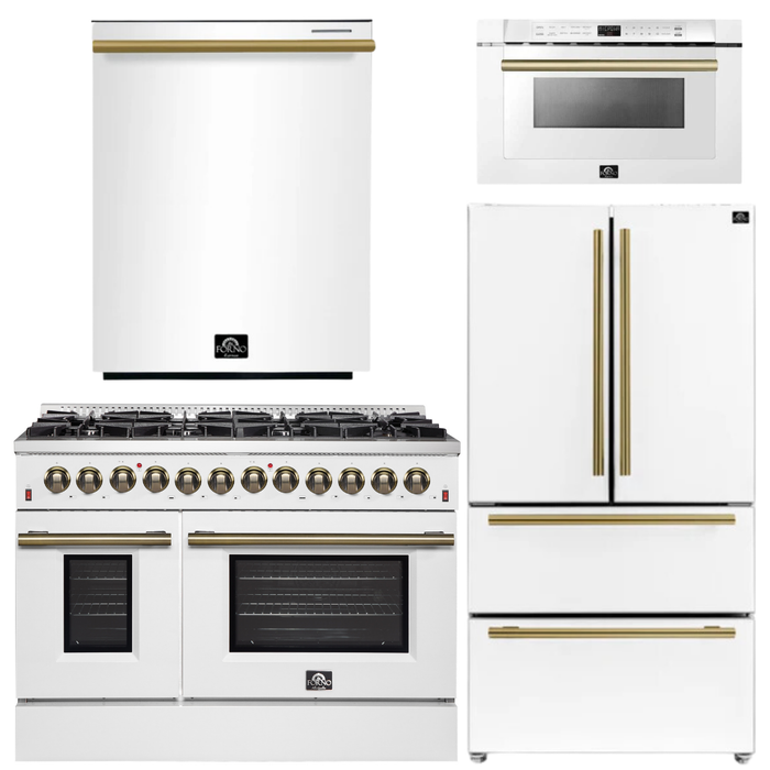 FORNO Galiano Package - 48" Dual Fuel Range, 36" Refrigerator with Ice Maker, Dishwasher and 24" Microwave Drawer in White with Antique Brass Accents