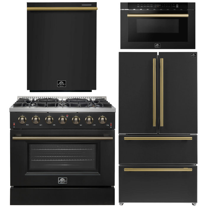 FORNO Galiano Package - 36" Gas Range, 36" Refrigerator with Ice Maker, Dishwasher and 24" Microwave Drawer in Black with Antique Brass Accents