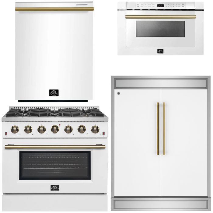 FORNO Galiano Package - 36" Dual Fuel Range, 60" Side-by-Side Refrigerator, Dishwasher and 24" Microwave Drawer in White with Antique Brass Accents