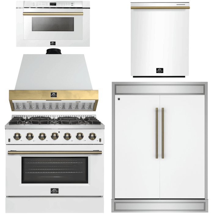 FORNO Galiano Package - 36" Dual Fuel Range, Range Hood, 60" Side-by-Side Refrigerator, Dishwasher and 24" Microwave Drawer in White with Antique Brass Accents