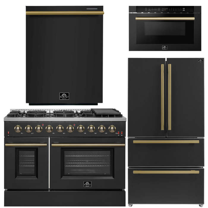 FORNO Galiano Package - 48" Gas Range, 36" Refrigerator with Ice Maker, Dishwasher and 24" Microwave Drawer in Black with Antique Brass Accents