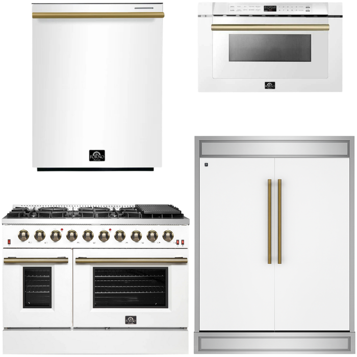 FORNO Galiano Package - 48" Gas Range, 60" Side-by-Side Refrigerator, Dishwasher and 24" Microwave Drawer in White with Antique Brass Accents