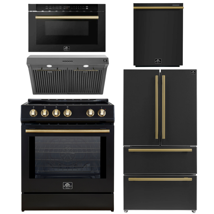 FORNO Espresso Package - 30" Induction Range, Range Hood, 36" Refrigerator with Ice Maker, Dishwasher and 24" Microwave Drawer in Black with Antique Brass Accents