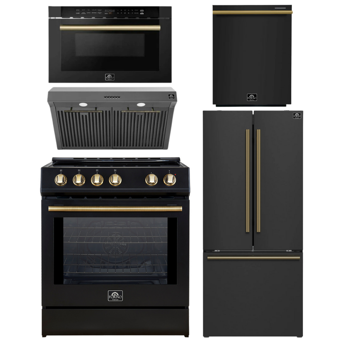 FORNO Espresso Package - 30" Induction Range, Range Hood, 30" Refrigerator with Ice Maker, Dishwasher and 24" Microwave Drawer in Black with Antique Brass Accents
