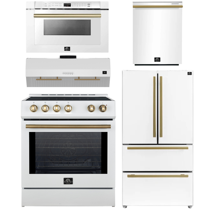 FORNO Espresso Package - 30" Induction Range, Range Hood, 36" Refrigerator with Ice Maker, Dishwasher and 24" Microwave Drawer in White with Antique Brass Accents