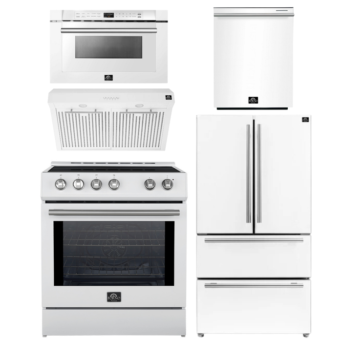 FORNO Espresso Package - 30" Induction Range, Range Hood, 36" Refrigerator with Ice Maker, Dishwasher and 24" Microwave Drawer in White with Silver Accents
