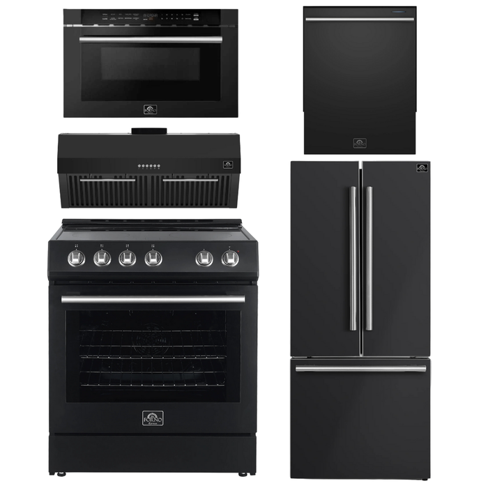 FORNO Espresso Package - 30" Electric Range, Range Hood, 30" Refrigerator with Ice Maker, Dishwasher and 24" Microwave Drawer in Black with Silver Accents