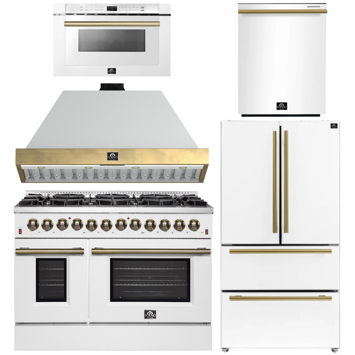 FORNO Galiano Package - 48" Dual Fuel Range, Range Hood, 36" Refrigerator with Ice Maker, Dishwasher and 24" Microwave Drawer in White with Antique Brass Accents