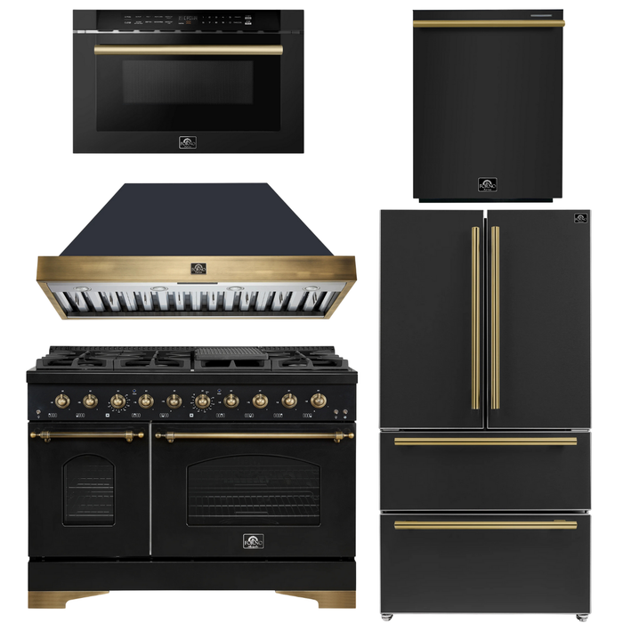 FORNO Antico Package - 48" Gas Range, Range Hood, 36" Refrigerator with Ice Maker, Dishwasher and 24" Microwave Drawer in Black with Antique Brass Accents