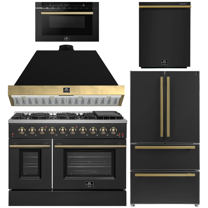 FORNO Galiano Package - 48" Gas Range, Range Hood, 36" Refrigerator with Ice Maker, Dishwasher and 24" Microwave Drawer in Black with Antique Brass Accents