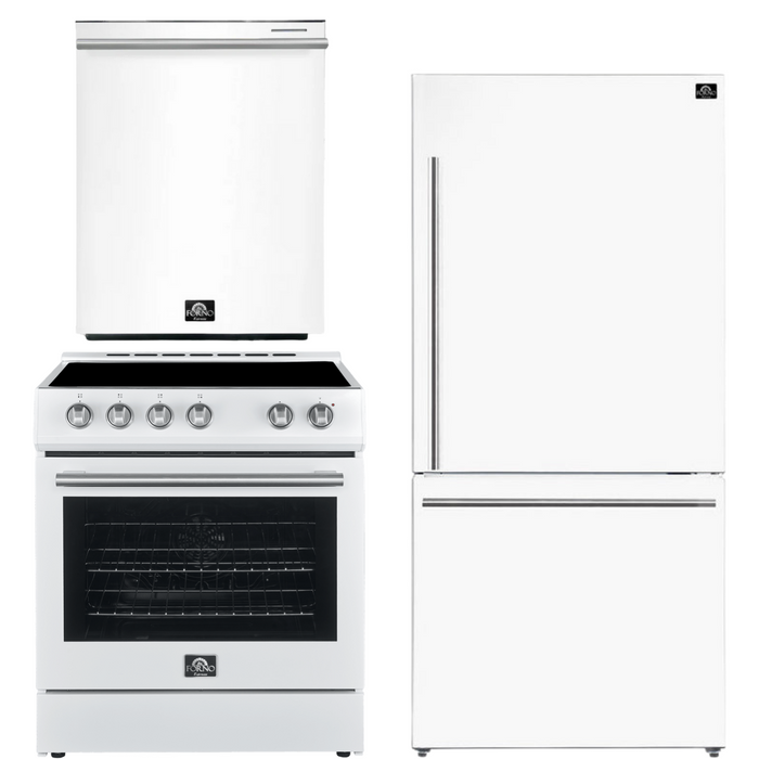 FORNO Espresso Package - 30" Electric Range, Refrigerator and Dishwasher in White with Silver Handles