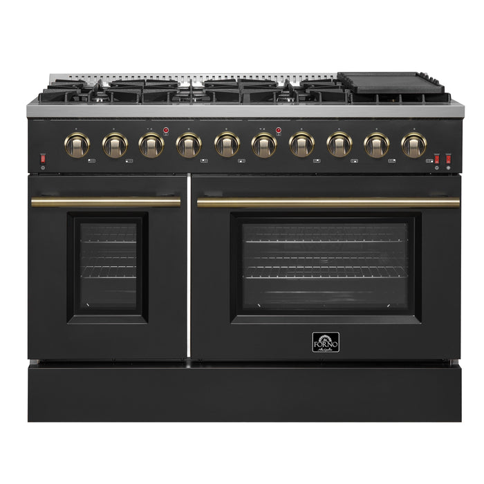 FORNO Galiano 48" 6.58 cu. ft. Gas Range with 8 Sealed Burners and Griddle in Black with Antique Brass Accents, FFSGS6244-48BLK