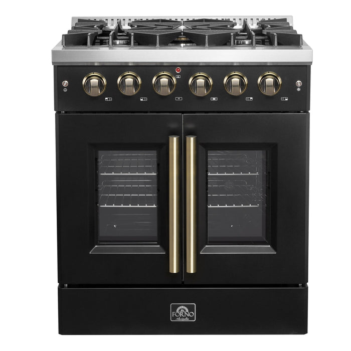 FORNO Galiano 30" 4.32 cu. ft. French Door Gas Range with 5 Sealed Burners in Black with Antique Brass Accents, FFSGS6444-30BLK
