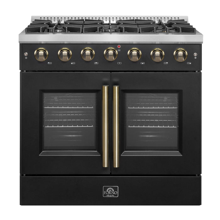 FORNO Galiano 36" 5.36 cu. ft. French Door Gas Range with 6 Sealed Burners in Black with Antique Brass Accents, FFSGS6444-36BLK