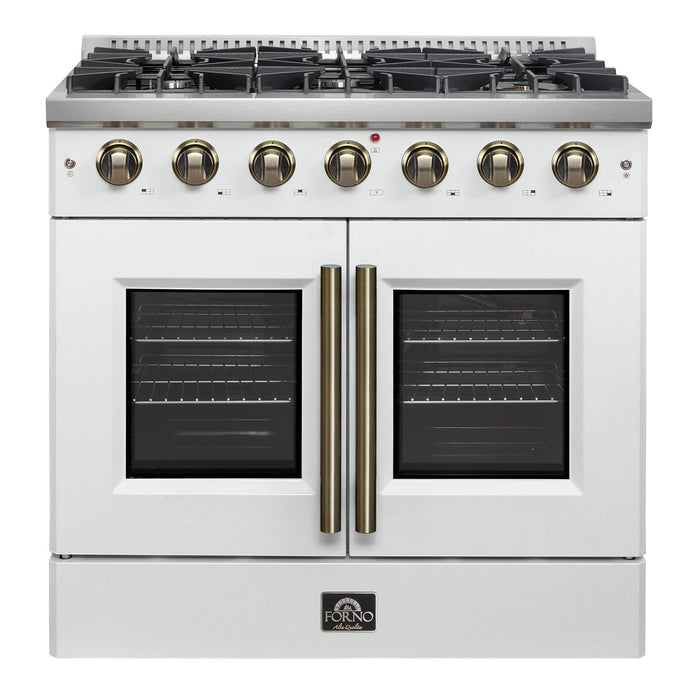 FORNO Galiano 36" 5.36 cu. ft. French Door Gas Range with 6 Sealed Burners in White with Antique Brass Accents, FFSGS6444-36WHT