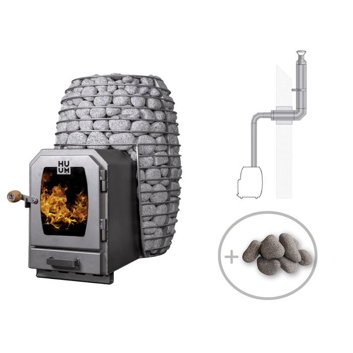 HUUM HIVE WOOD LS 17kW Wood Burning Sauna Stove Package w/ Thru-Wall Chimney and Stones