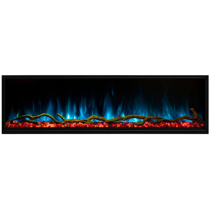 A rectangular fireplace featuring blue and orange flames.