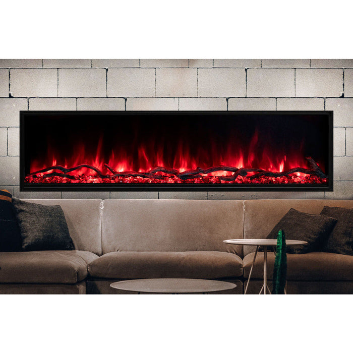 A living room features a sleek, wall-mounted electric fireplace