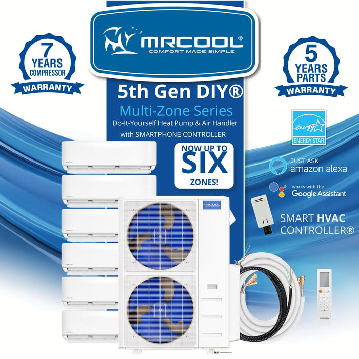 MRCOOL DIY 5th Gen Mini Split - 6-Zone 55,000 BTU Ductless Air Conditioner and Heat Pump Condenser with 18K + 6K + 6K + 6K + 6K + 6K Wall Mount Air Handlers