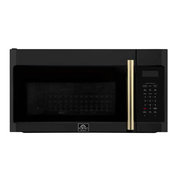 FORNO Fornace 30" 1.5 cu. ft. 300 CFM Over The Range Microwave in Black with Antique Brass Accents, FOTR3038-30BLK