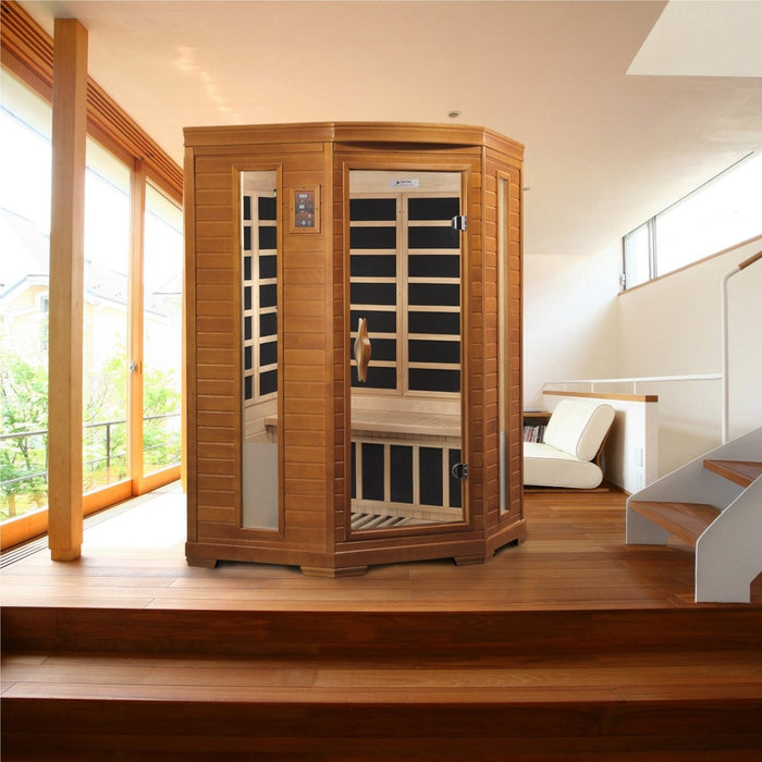 Dynamic Heming Elite 2 Person Corner Ultra Low EMF FAR Infrared Dry Sauna in Canadian Hemlock DYN-6225-02 Elite
