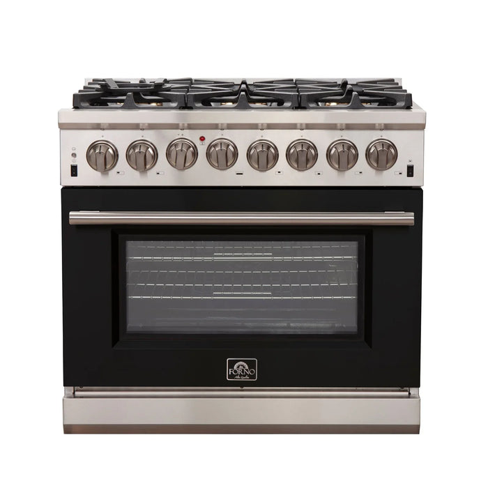 FORNO Capriasca 36" 5.36 cu. ft. Dual Fuel Range with 6 Italian Burners in Black, FFSGS6187-36BLK