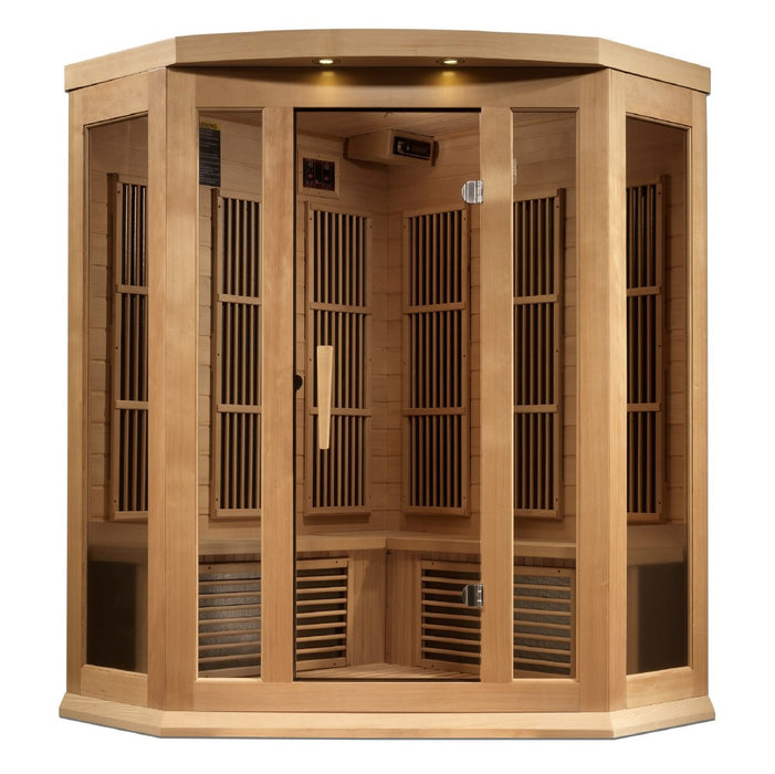 Maxxus 3 Person Corner Near Zero EMF FAR Infrared Dry Sauna in Canadian Hemlock MX-K356-01-ZF